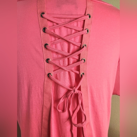 OSO Casual Knit Cotton Short Sleeve Lace-up Back Trapeze Top, Size Large - Picture 4 of 5